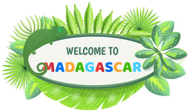 Vector illustration of Welcome to madagascar banner with hand written word, funny animal chameleon, flowers and leaves