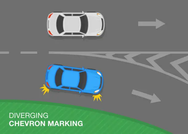 Vector illustration of Traffic regulation rules and road marking meaning. Blue sedan car is exiting a highway. Top view of a traffic flow on highway.