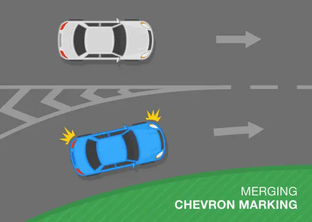 Vector illustration of Traffic regulation rules and road marking meaning. Blue sedan car is entering the highway. Top view of a traffic flow on highway.