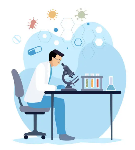 Vector illustration of Medical tests. Scientist looking through microscope. A Scientist Experiment in the Lab.
