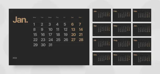 Vector illustration of Monthly calendar for 2024 year. Starts on Monday.