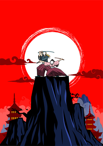 An anime style vector illustration of a samurai couple standing on a rock with Japanese temple in the background. Wide space available for your copy.