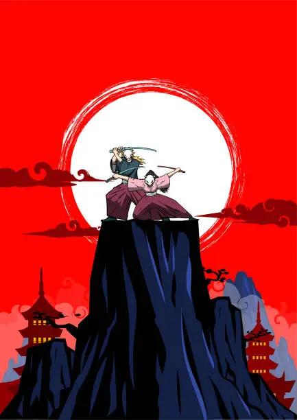 Vector illustration of Vector Anime Samurai Couple in Silhouette on a Rock with Japanese Temple Silhouette Background Stock Illustration