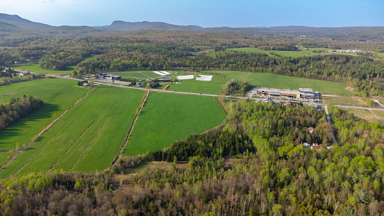 aerial view of the Canadian countryside in Estrie in Quebec in spring