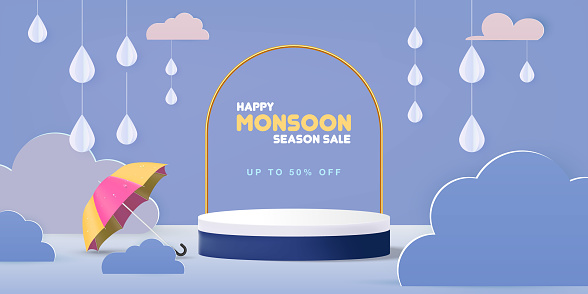 vector monsoon banner template with product podium, modern clouds, water drops on umbrella and raindrops