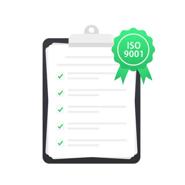 Vector illustration of Standard for quality control. Quality management system checklist in clipboard. Certified ISO 9001 Documents. International certification concept. Vector illustration