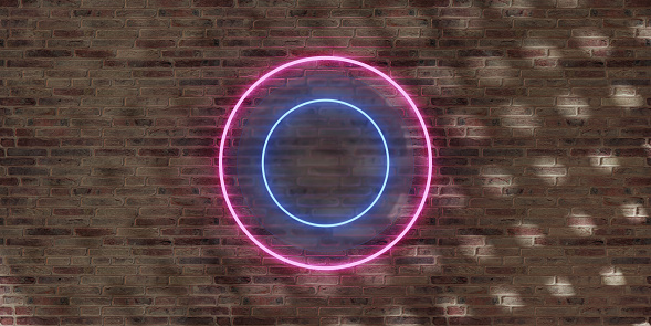 Brick wall and neon sign frame circle sign neon light on cement wall Text frame on brick wall Old background Copy space 3D illustration