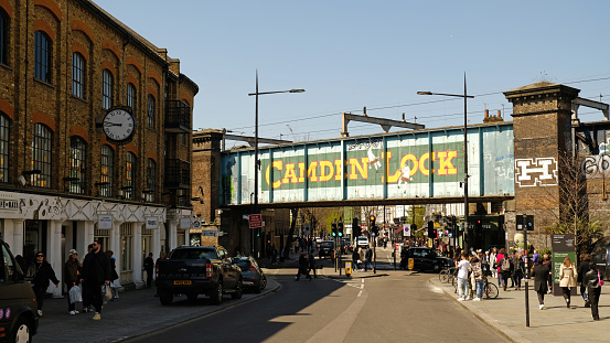 Camden lock, London - April, 2023: Camden Town is popular place for tourists and Londoners. Known for its market and alternative life, in addition to many restaurants, pubs and alternative stores.