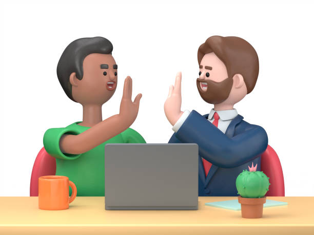 3D illustration of cartoon characters celebrating financial success at laptop, getting income, loan, mortgage bank approval, planning good family budget. 3D rendering on white background. ilustración 3d de personajes de dibujos animados que celebran el éxito financiero en la computadora portátil, obtener ingresos, préstamos, aprobación bancaria hipotecaria, planificar un buen presupuesto familiar. renderizado 3d sobre fondo blanco.