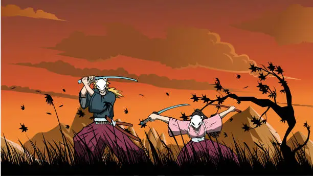 Vector illustration of Vector Anime Samurai Couple in Fighting Stance in a Valley of Tall Grass Stock Illustration