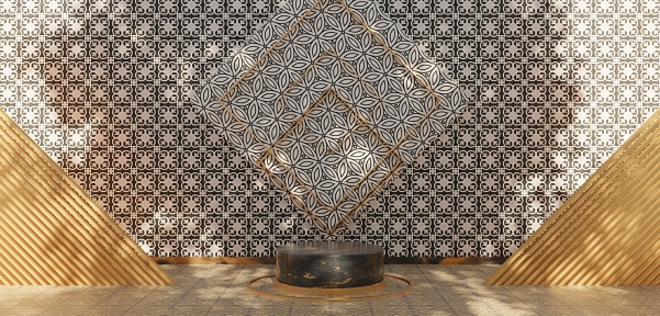 Black marble plinth on an old fashioned tiled floor Decorated with golden lines of screens and walls Luxurious Podium background Exhibition scene 3D illustration