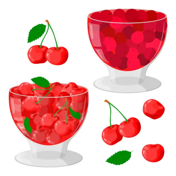 Vector illustration of Cherry with green leaves in a glass container. Homemade jam or jelly in a glass bowl. The concept of healthy eating. Ripe berries. Fruit picking. Vector illustration in a flat style.