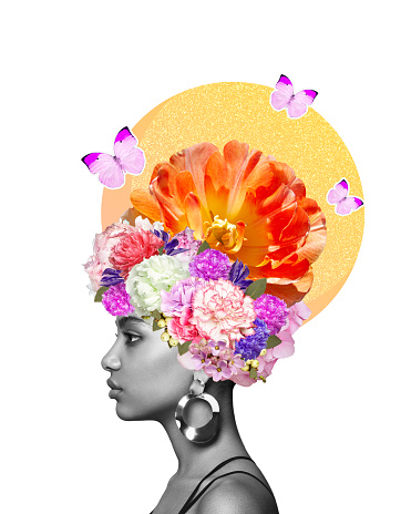 Abstract art collage of a young African woman with flowers on her head. Conceptual fashion art design in a modern style