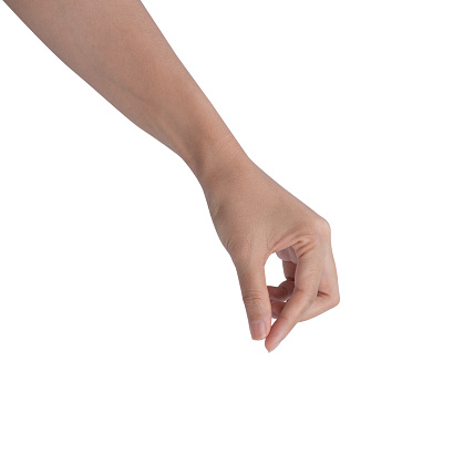 Asian woman hand holding, making fingers like picking somethings isolated on a white background.