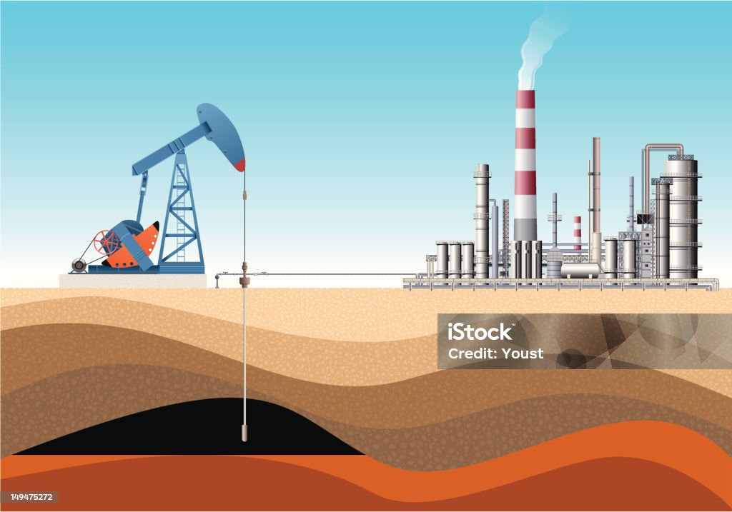Pump Jack und Öl-Raffinerie - Lizenzfrei Ölraffinerie Vektorgrafik