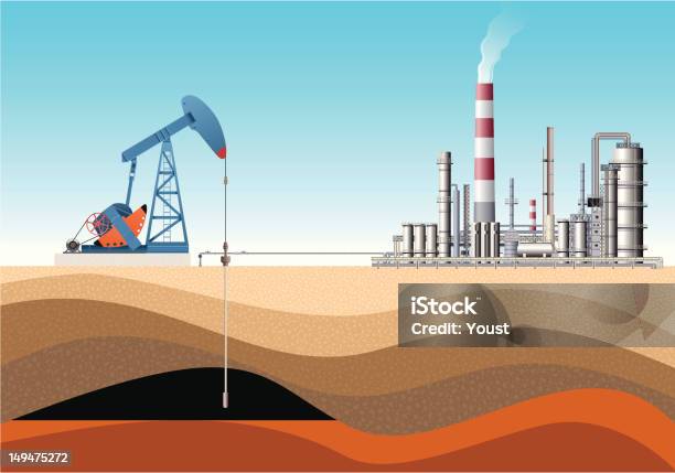Pump Jack Und Ölraffinerie Stock Vektor Art und mehr Bilder von Ölraffinerie - Ölraffinerie, Erdöl, Maschinenteil - Ausrüstung und Geräte
