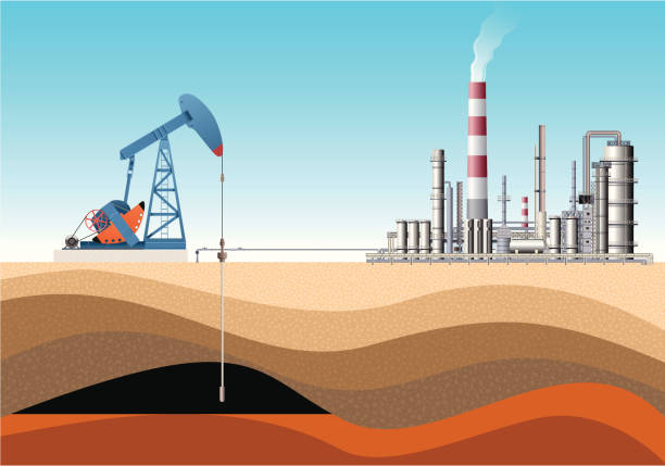 насос джек и нефтеперерабатывающий завод - oil industry oil rig mining oil stock illustrations
