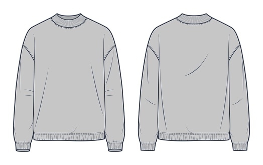 Sweatshirt technical fashion illustration. Round Neck Sweatshirt fashion flat technical drawing template, rib, long sleeve, relaxed fit, front, back view, grey color, women, men, unisex CAD mockup.