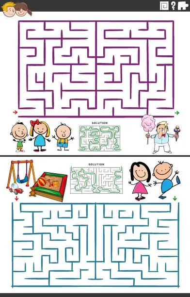 Vector illustration of maze activity games set with cartoon children characters