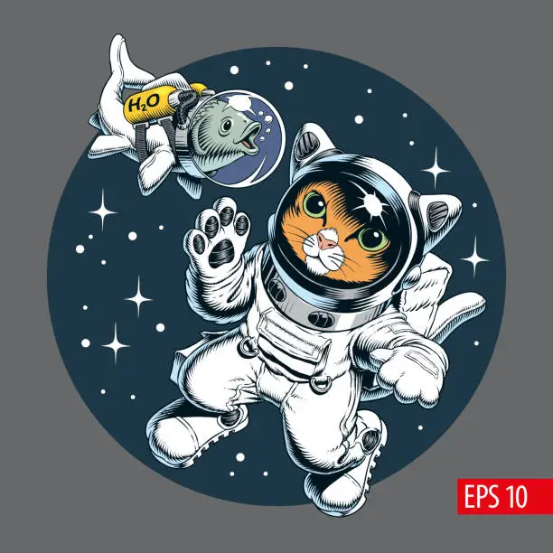 Vector illustration of Cat astronaut and fish in spacesuit floating in outer space. Vector illustration.