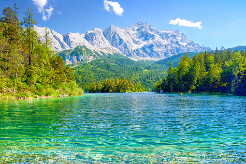 View of the lake Eibsee with the Zugspitze mountain on background, Germany