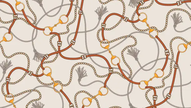 Vector illustration of gold chain , leather belt,  Passementerie seamless pattern ,metallic rope,  luxury accessories , silk scarves , repeate pattern . Baroque vintage design , old school  fashion light beige neutral