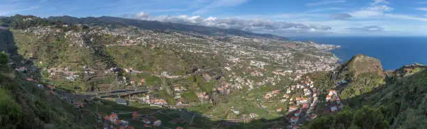 Madeira Island Portugal - 04 21 2023: Full panoramic aerial view of the city of Funchal and Camara de Lobos, tourist and iconic city on the island of Madeira, in Portugal