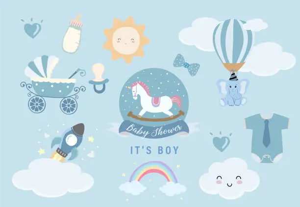 Vector illustration of Baby shower invitation card for boy with balloon, cloud,sky, cloth