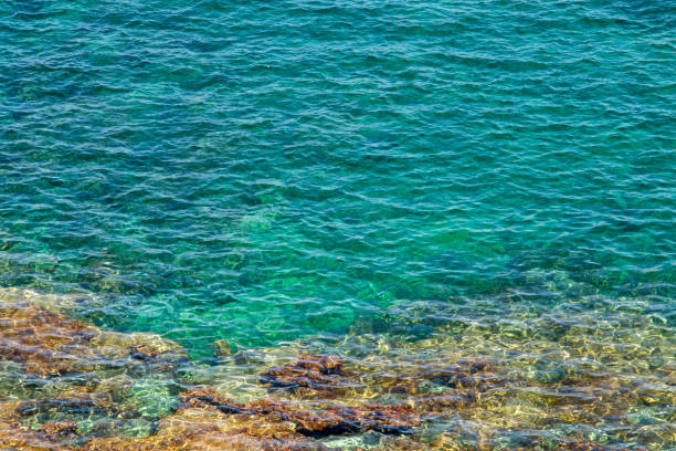 White sand bottom and rocks rippled through the sea breeze on the surface in Santa Maria di Leuca, Italy.