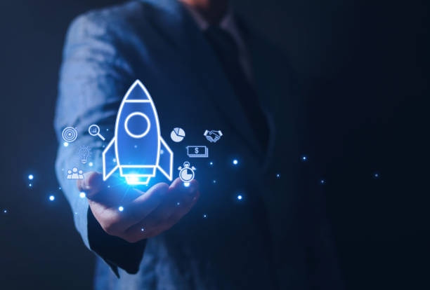 istock Businessman with transparent icon rocket launching and flying with icon 1494766622