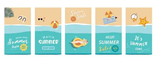 Vector illustration of Summer sale background with tiny people, ball,float  in the top view pool.Vector summer banner