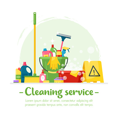 Vector illustration of house cleaning service and household supplies. Design concept for web banner, infographic, poster. Detergent and disinfectant products with bucket, gloves, spray, brush, sponges