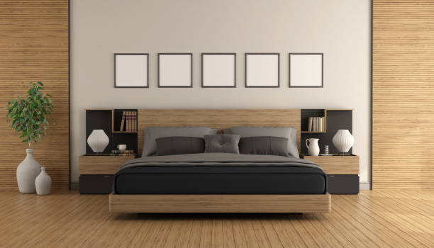 istock Modern Bedroom with wooden and black bed isolated on white 1494767164