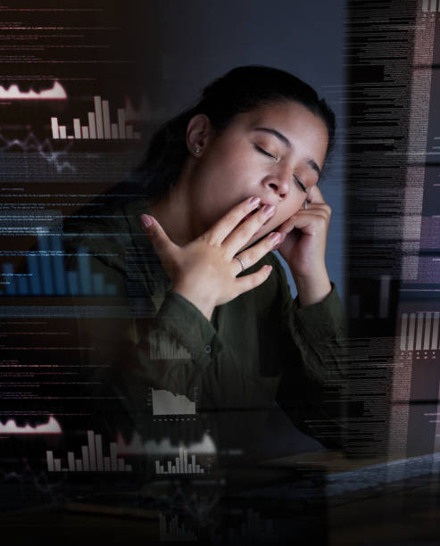 istock Yawn, digital hologram and woman at night in office for coding, programming and information technology. 3d screen overlay, networking and tired, exhausted and sleepy female worker on computer at desk 1494768368