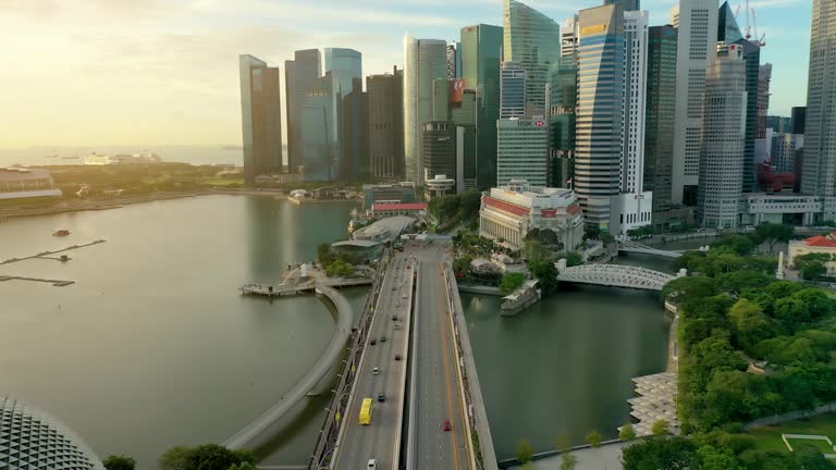 2020-01-02 SINGAPORE. aerial view 4k video of the Singapore City Skyline. Central Area sunrise.