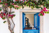 Typical portuguese building architecture door with flowers in front of the doors. With open shutters overlooking the room in inside