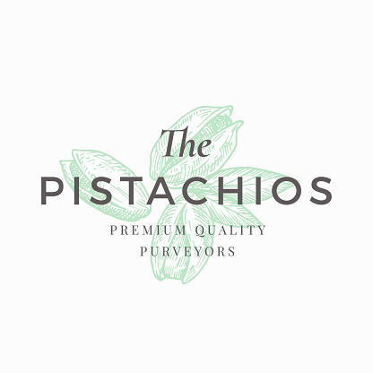 The Pistachios Abstract Vector Sign, Symbol or Emblem Template. Elegant Hand Drawn Nuts Sillhouette with Retro Typography. Vintage Luxury Emblem. Isolated.