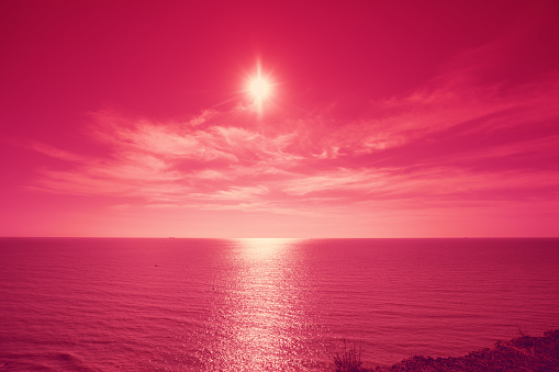 Sunrise over the sea in viva magenta trendy color toning. Seascape in the morning