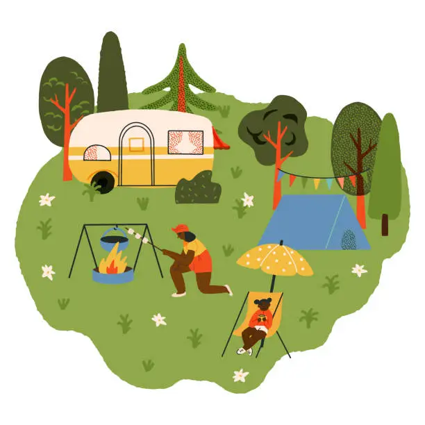 Vector illustration of Cute retro camping landscape, a single mother frying marshmallows at the bonfire for her little daughter sitting next to her. Their camper and touristic tent are nearby, surrounded by forest trees.