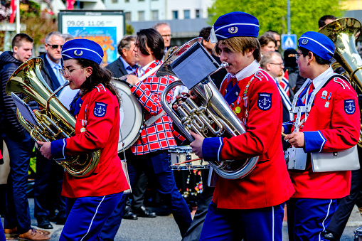 Sandnes, Norway, May 17 2023, Teenage Girls Marching Band Brass And Wind Section Sandnes Independence Day