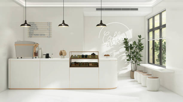 Small modern Korean style design cafe, glossy ivory white counter, cake display, professional espresso machine, bar table, stool chair with brown cushion, Indian rubber tree in sunlight from window blinds for interior design decoration, lifestyle product background 3D pequeña cafetería de diseño de estilo coreano moderno, mostrador blanco marfil brillante, exhibición de pasteles, máquina de café espresso profesional, mesa de bar, silla taburete con cojín marrón, árbol de caucho indio a la luz del sol desde las