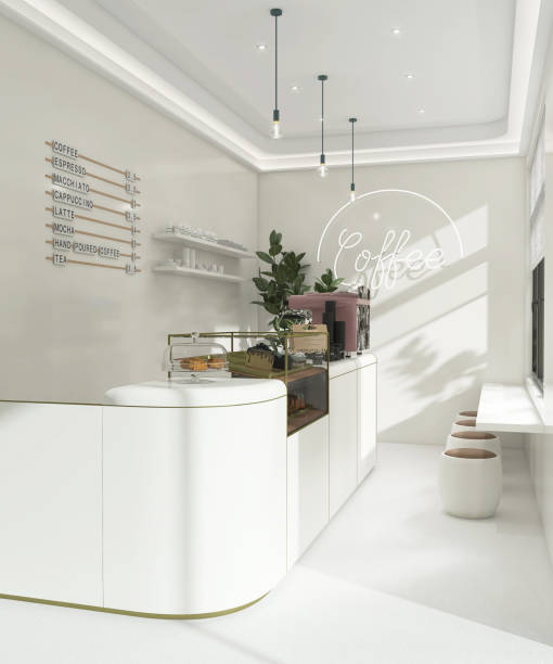 istock Small modern Korean style design cafe, glossy ivory white counter, cake display, professional espresso machine, bar table, stool chair with brown cushion in sunlight from window blinds 1494775373