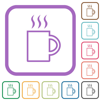 A mug of hot drink outline simple icons in color rounded square frames on white background