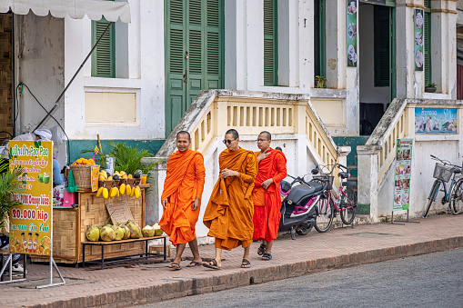 Luang Prabang, Laos - March 12th 2023: Monks in their orange robes are a common sight in the former capital of Laos
