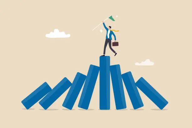 Vector illustration of Winner take all, survive business competition or strength to overcome difficulty, economic crisis or recession, business winner concept, success businessman on stand strong bar graph domino collapse.