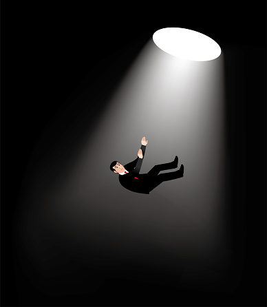 Impactful Vector Illustration of a Businessman Falling From theLight Into a Dark Pit