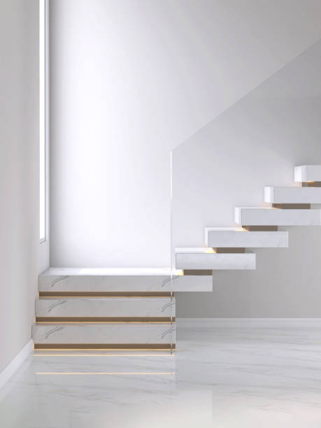 istock Luxury white marble L shape stairway, brown riser, lcd hidden light under tread, tempered glass panel in sunlight from large window at landing staircase on marble floor 1494778818