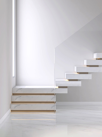 Luxury white marble L shape stairway, brown riser, lcd hidden light under tread, tempered glass panel in sunlight from large window at landing staircase on marble floor for interior design decoration, construction material background 3D