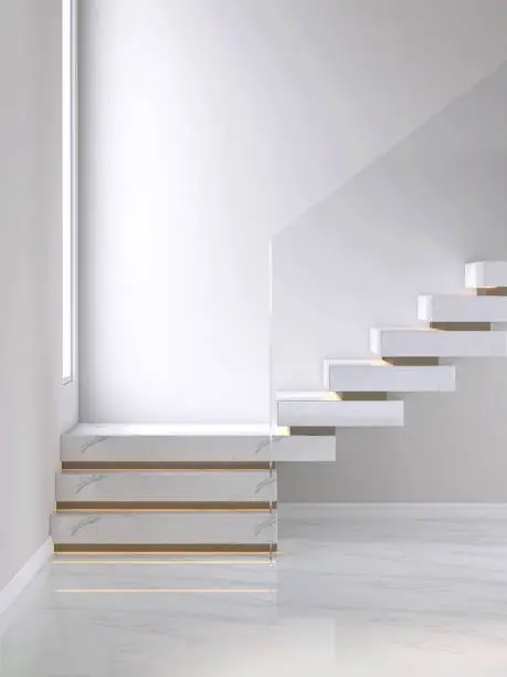 Luxury white marble L shape stairway, brown riser, lcd hidden light under tread, tempered glass panel in sunlight from large window at landing staircase on marble floor for interior design decoration, construction material background 3D
