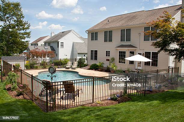 Lush Backyard Pool And Patio Behind Colonial Style Home Stock Photo - Download Image Now